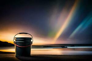 un Cubeta en el playa con un arco iris en el cielo. generado por ai foto