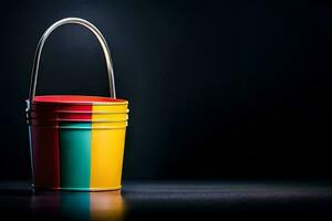 a colorful bucket with a handle on a dark background. AI-Generated photo