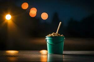 a bucket of peanuts with a wooden stick on top. AI-Generated photo