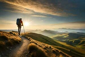 un hombre con un mochila y emigrar polos camina arriba un montaña camino. generado por ai foto