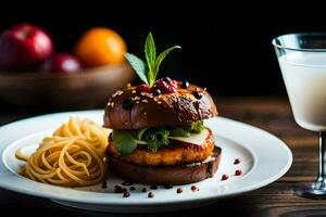 a plate with a burger and spaghetti on it. AI-Generated photo