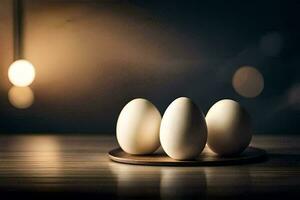 Tres huevos en un de madera lámina. generado por ai foto