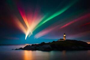 a lighthouse in the middle of the ocean with colorful lights. AI-Generated photo