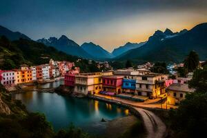 colorful houses in the mountains at sunset. AI-Generated photo
