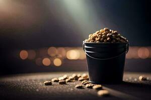 a bucket filled with peanuts on a table. AI-Generated photo