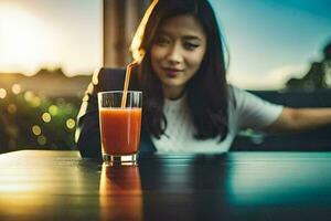 a woman sitting at a table with a glass of juice. AI-Generated photo