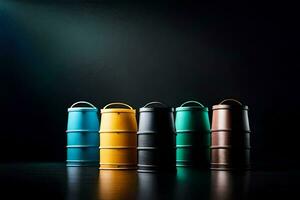 five colorful barrels on a dark background. AI-Generated photo
