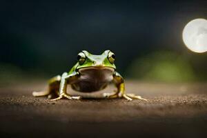 a frog sitting on the ground in front of a full moon. AI-Generated photo