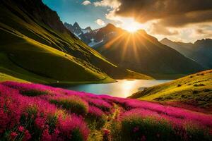 el Dom brilla en el montañas y flores en el valle. generado por ai foto