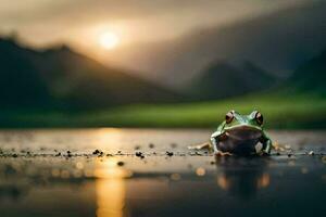 a frog sitting on the ground in front of a mountain. AI-Generated photo