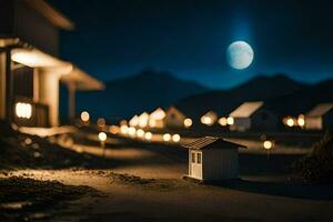 a small house with lights on the road at night. AI-Generated photo