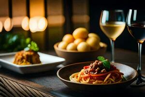 spaghetti and wine on a wooden table. AI-Generated photo