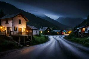 un oscuro la carretera en el montañas con casas en cualquiera lado. generado por ai foto