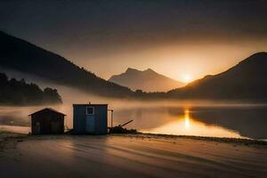 a small hut sits on the shore of a lake at sunrise. AI-Generated photo