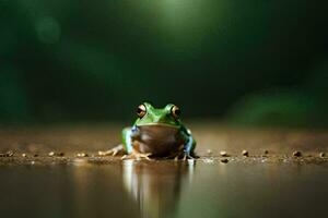 a frog sitting on the ground in front of a green background. AI-Generated photo