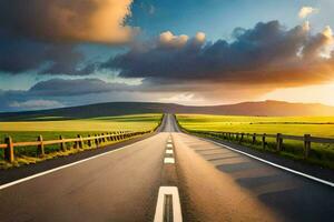 un largo la carretera con un puesta de sol en el distancia. generado por ai foto