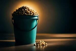 a bucket filled with soy beans on a table. AI-Generated photo