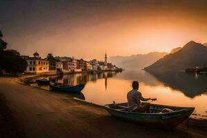 a man sits in a boat on the shore of a lake at sunset. AI-Generated photo