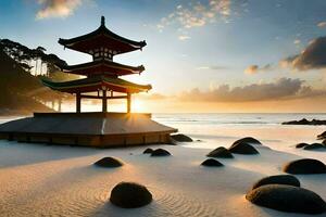 a pagoda sits on the beach at sunset. AI-Generated photo