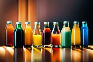 un fila de botellas de diferente de colores jugos generado por ai foto