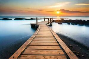 a wooden bridge leads to the ocean at sunset. AI-Generated photo