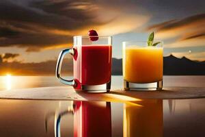 two glasses of juice with a sunset in the background. AI-Generated photo