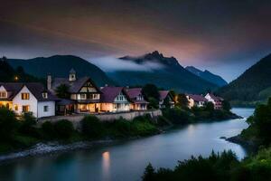 photo wallpaper the sky, mountains, river, houses, the night, the mountains, the river. AI-Generated