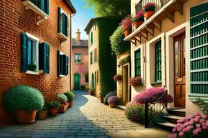 an alley with flowers and potted plants. AI-Generated photo