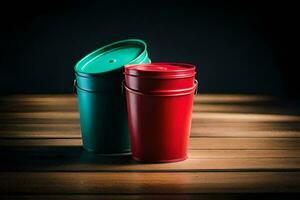 two red and green metal containers on a wooden table. AI-Generated photo