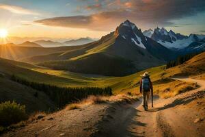 el hombre es caminando en el la carretera en el montañas. generado por ai foto