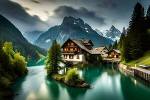 a house sits on the edge of a lake surrounded by mountains. AI-Generated photo