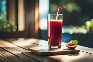 a glass of juice with a straw on a wooden table. AI-Generated photo