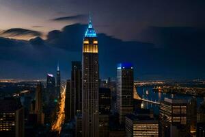 el imperio estado edificio es iluminado arriba en azul a noche. generado por ai foto