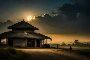 a man walks past a hut in the middle of a field. AI-Generated photo