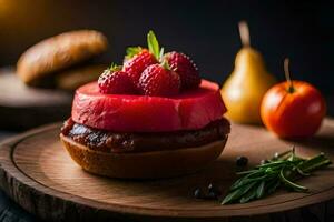 a hamburger with berries and tomatoes on a wooden plate. AI-Generated photo