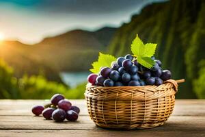 grapes in a basket on a wooden table with a sunset in the background. AI-Generated photo