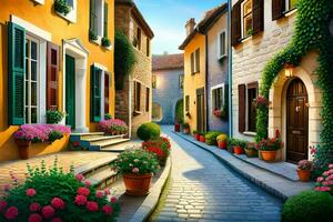 an oil painting of a street with flowers and potted plants. AI-Generated photo