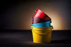 three colorful buckets on a dark background. AI-Generated photo