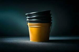 a yellow bucket with black lids sitting on a dark background. AI-Generated photo