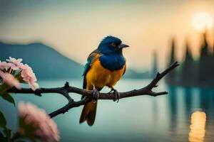 a blue and orange bird sits on a branch near a lake. AI-Generated photo