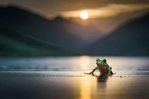 un rana sentado en el apuntalar de un lago a puesta de sol. generado por ai foto