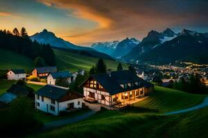 the village of alps at sunset. AI-Generated photo