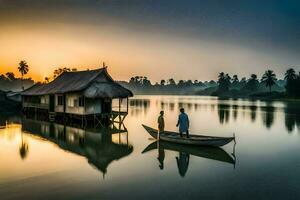 the boatman and his wife are seen in the river at sunset. AI-Generated photo