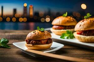 Tres mini hamburguesas en blanco platos con un ciudad vista. generado por ai foto