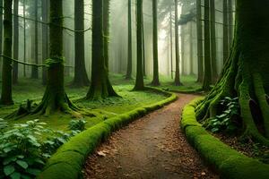 a path through a green forest with mossy trees. AI-Generated photo