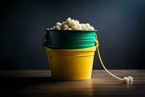 a bucket filled with popcorn on a table. AI-Generated photo