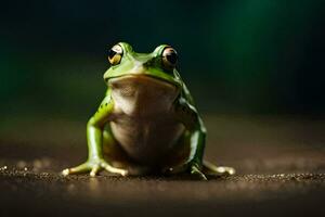 a frog sitting on the ground with a dark background. AI-Generated photo