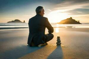 a man in a suit sitting on the beach with stones. AI-Generated photo