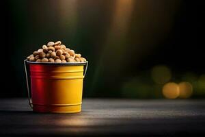 peanuts in a bucket on a dark table. AI-Generated photo