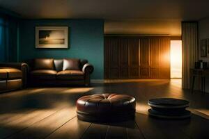 a living room with leather furniture and a lamp. AI-Generated photo